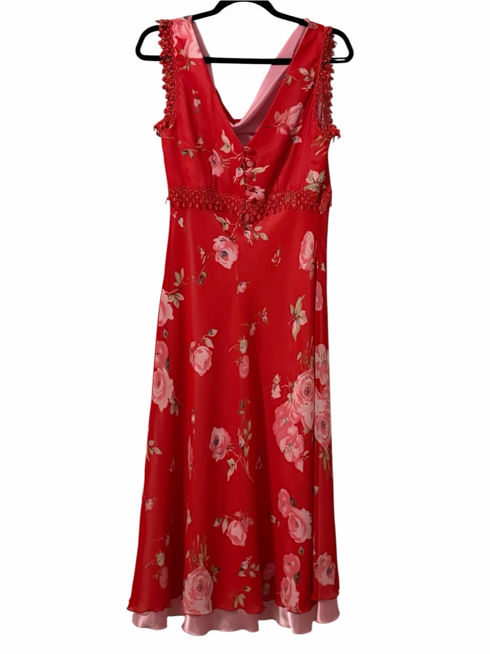 Cache Y2K Red Pink Floral Satin Midi Dress Lace Trim Bias‎ Cut Size 12